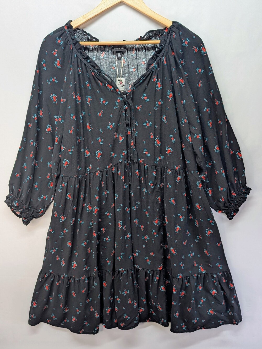 289-torrid Black Floral Tiered Peasant Mini Dress